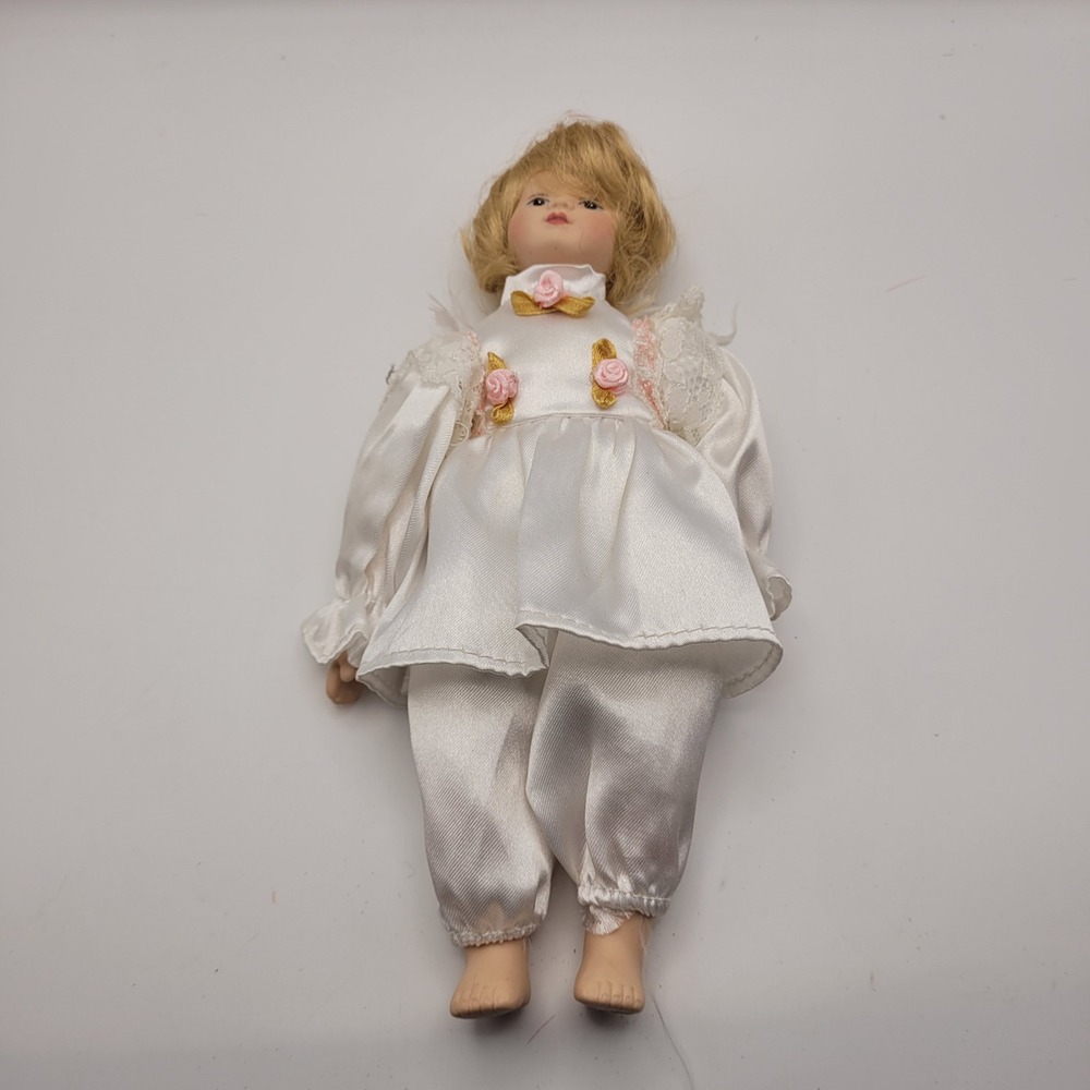 Vintage Porcelain Angel Doll White Satin Lace Pink Rosettes Blonde Hair 9 Inch